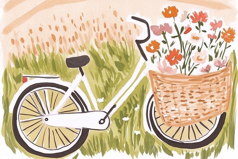 Fiets met bloemen in fietsmand