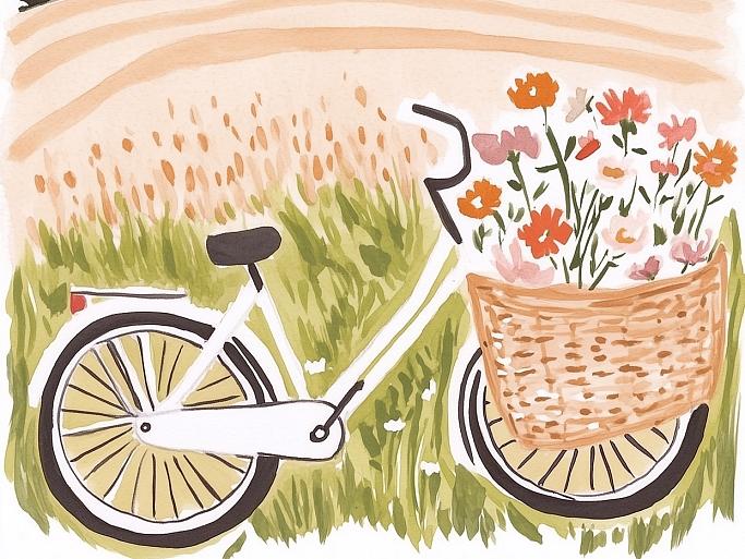 Fiets met bloemen in fietsmand