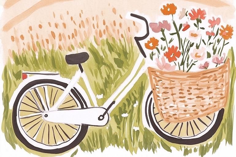 Fiets met bloemen in fietsmand