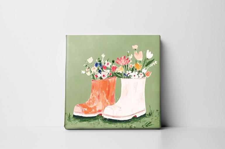 bloemen in laarzen mock up canvas zonder lijst achtergrond vierkant