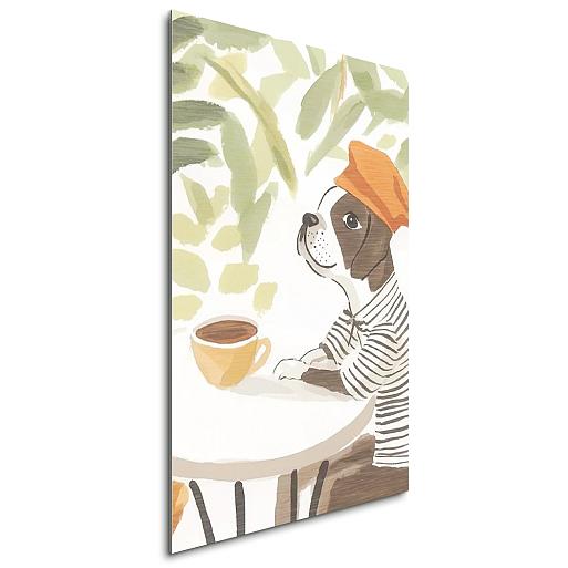 hond zittend aan tafel mock up aluminium staand