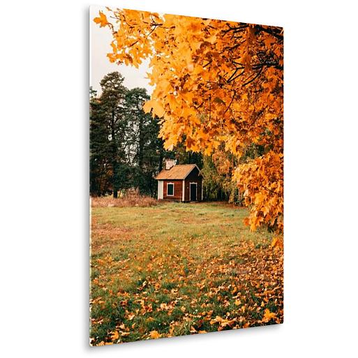 huisje in bos met herfstachtige bomen mock up plexiglas staand