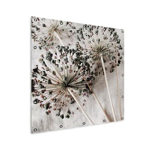 droge allium bloemen op beige stof mock up tuinposter vierkant