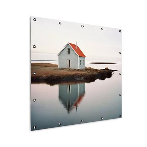 weerspiegeling huis in meer mock up tuinposter vierkant