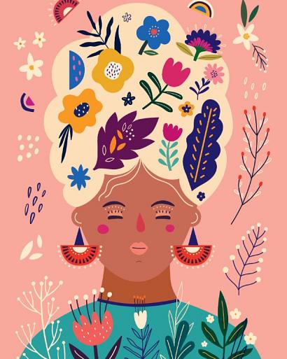 Portret met bloemencompositie roze