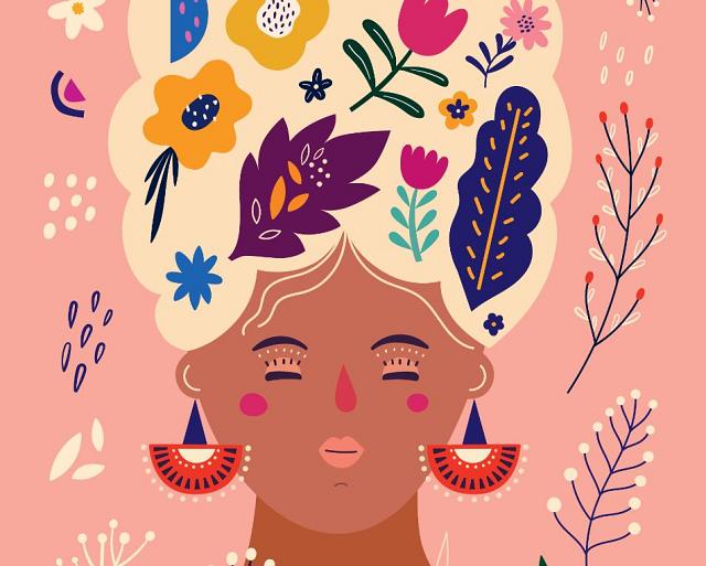 Portret met bloemencompositie roze