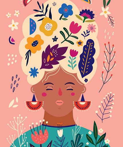 Portret met bloemencompositie roze