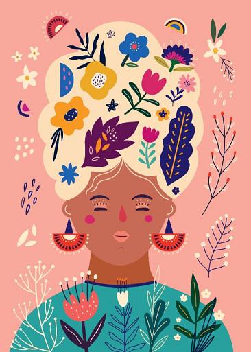 Portret met bloemencompositie roze