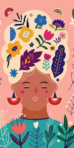 Portret met bloemencompositie roze