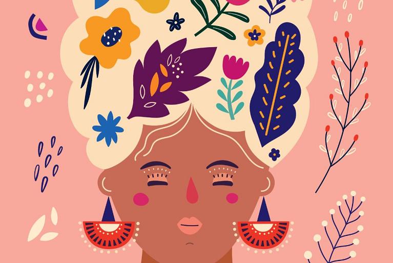 Portret met bloemencompositie roze