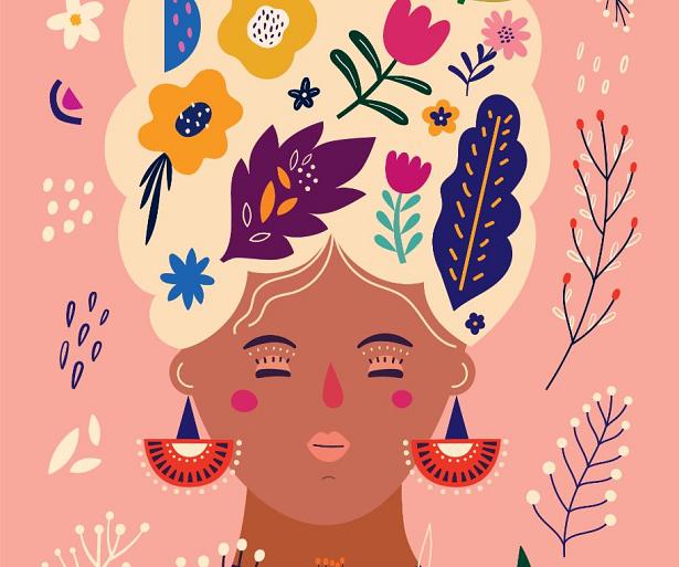 Portret met bloemencompositie roze