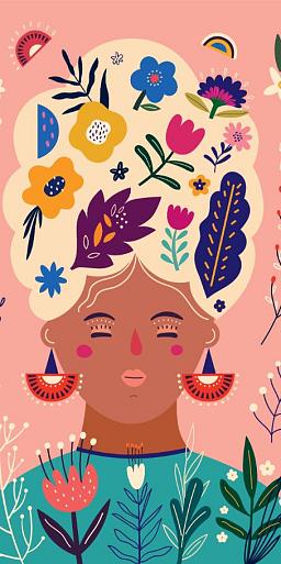 Portret met bloemencompositie roze