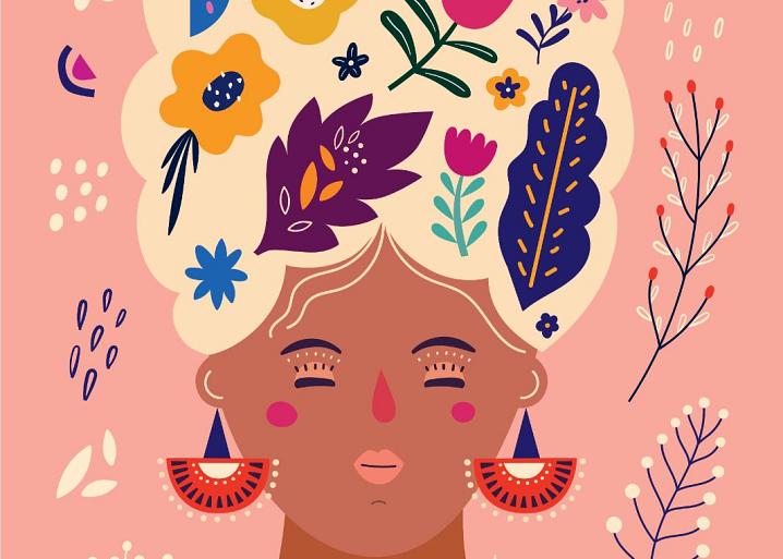 Portret met bloemencompositie roze