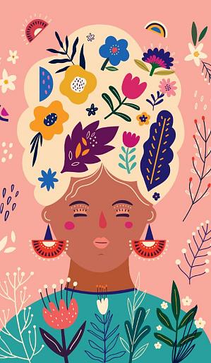 Portret met bloemencompositie roze