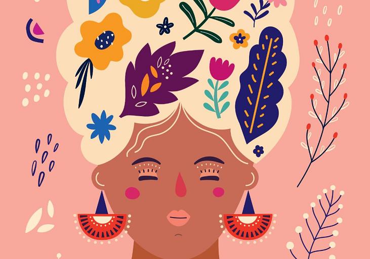 Portret met bloemencompositie roze