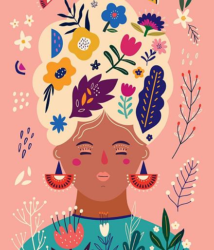 Portret met bloemencompositie roze