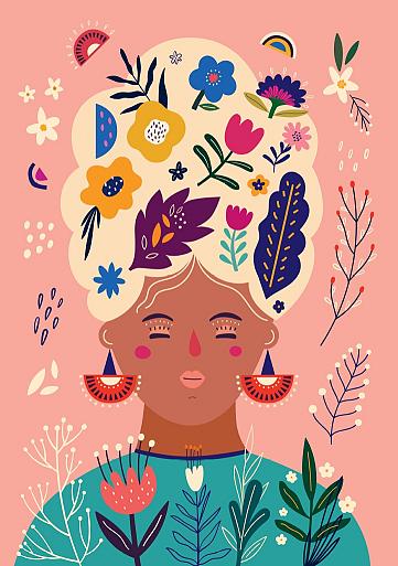 Portret met bloemencompositie roze