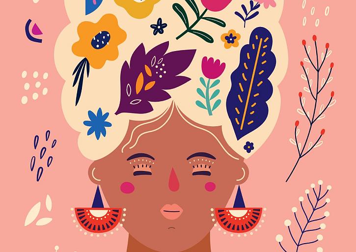 Portret met bloemencompositie roze