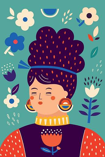 Portret met bloemencompositie blauw