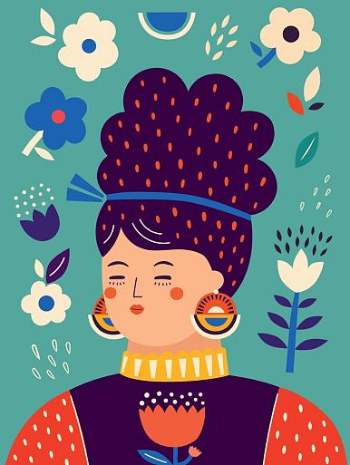 Portret met bloemencompositie blauw