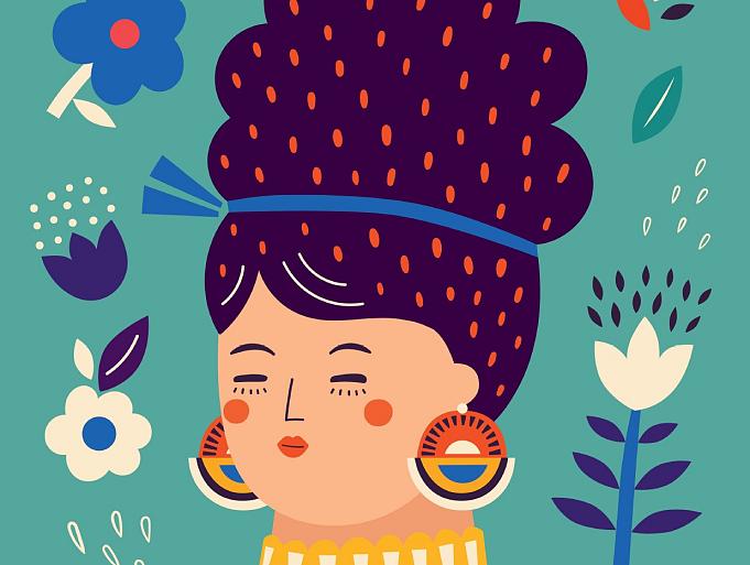 Portret met bloemencompositie blauw