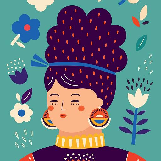 Portret met bloemencompositie blauw