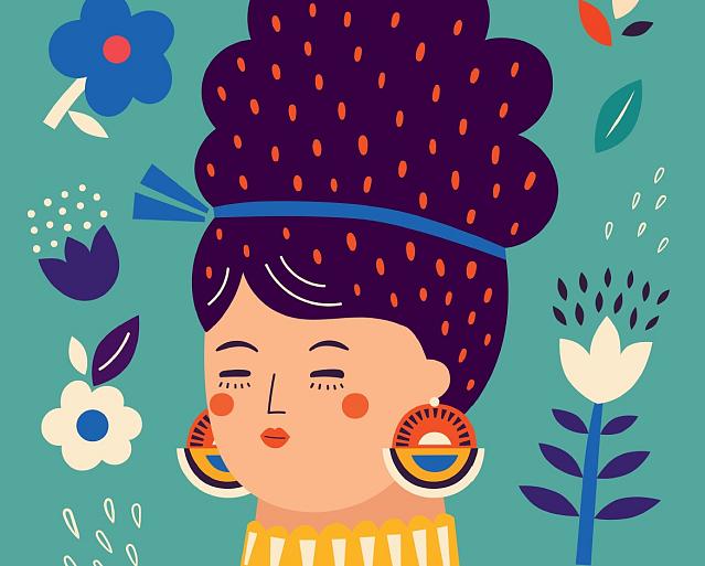Portret met bloemencompositie blauw