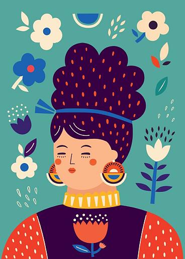 Portret met bloemencompositie blauw