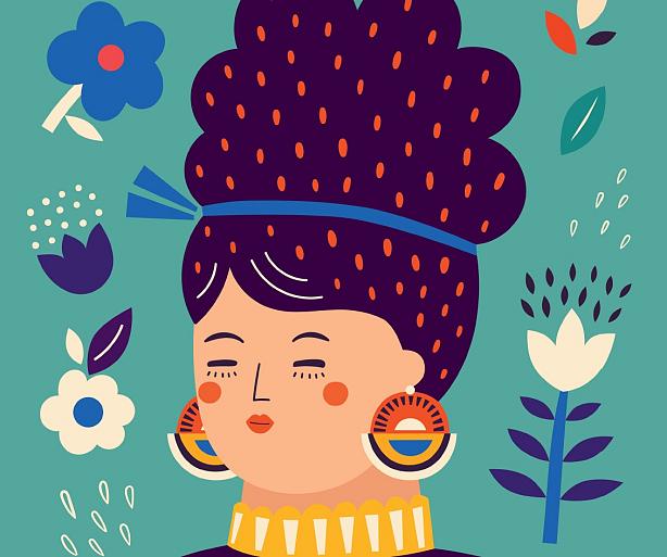 Portret met bloemencompositie blauw