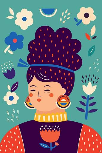 Portret met bloemencompositie blauw