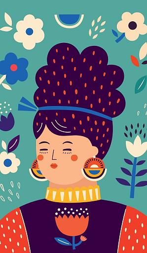 Portret met bloemencompositie blauw