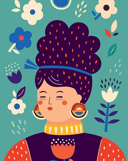 Portret met bloemencompositie blauw