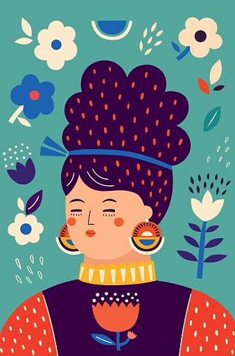 Portret met bloemencompositie blauw