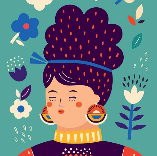 Portret met bloemencompositie blauw