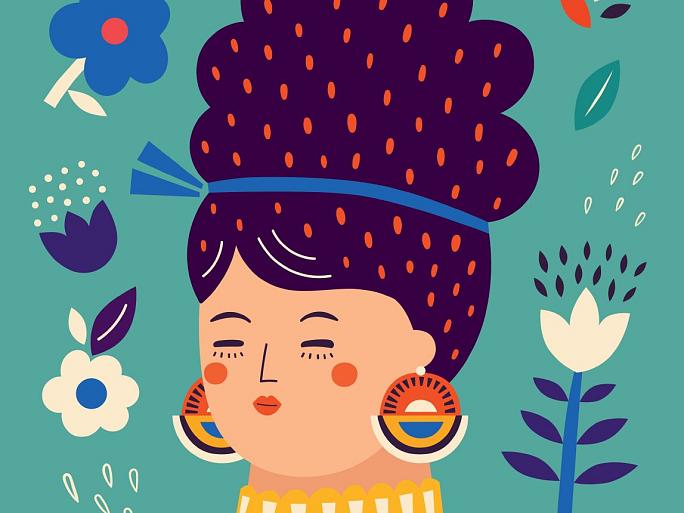 Portret met bloemencompositie blauw