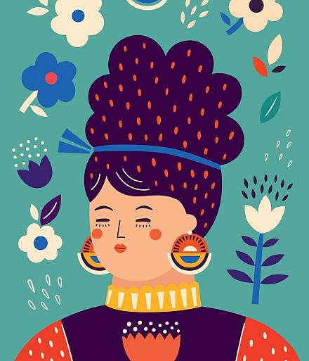 Portret met bloemencompositie blauw