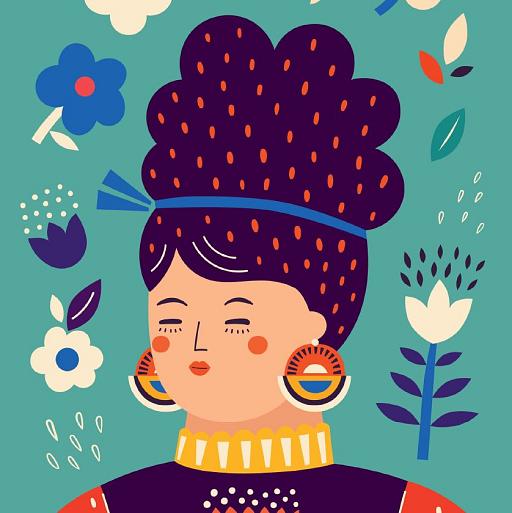 Portret met bloemencompositie blauw