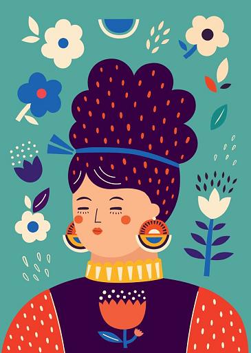 Portret met bloemencompositie blauw