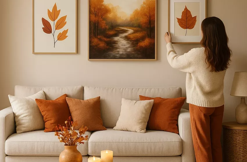 woonkamer met herfstdecoratie