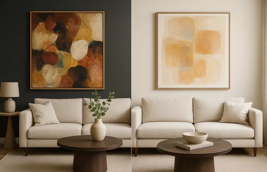 Welke kunst past het best bij een donkere of juist een lichte muur?